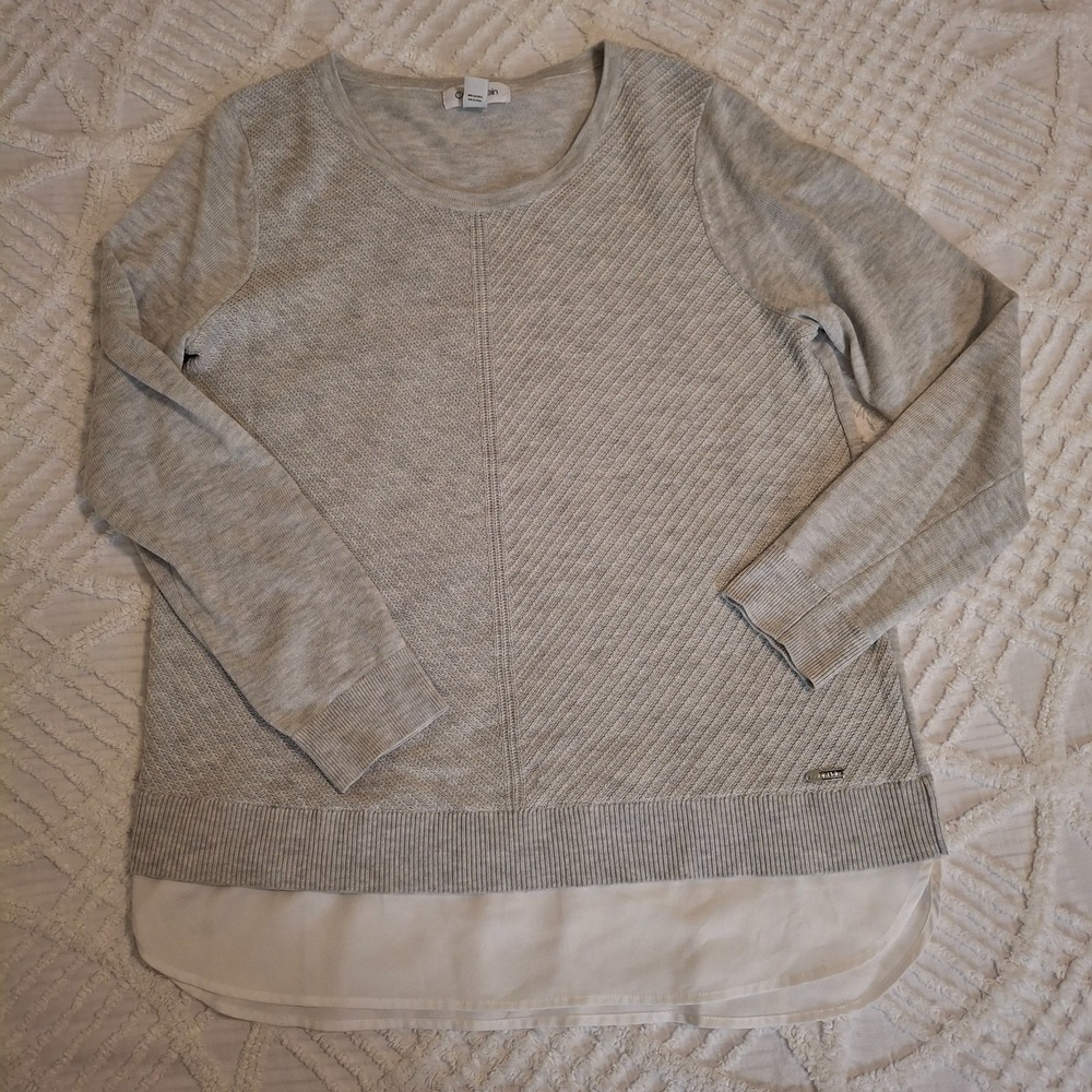 Calvin Klein Womens Medium Sweater Gray Layered Look Mixed Media Crew Neck